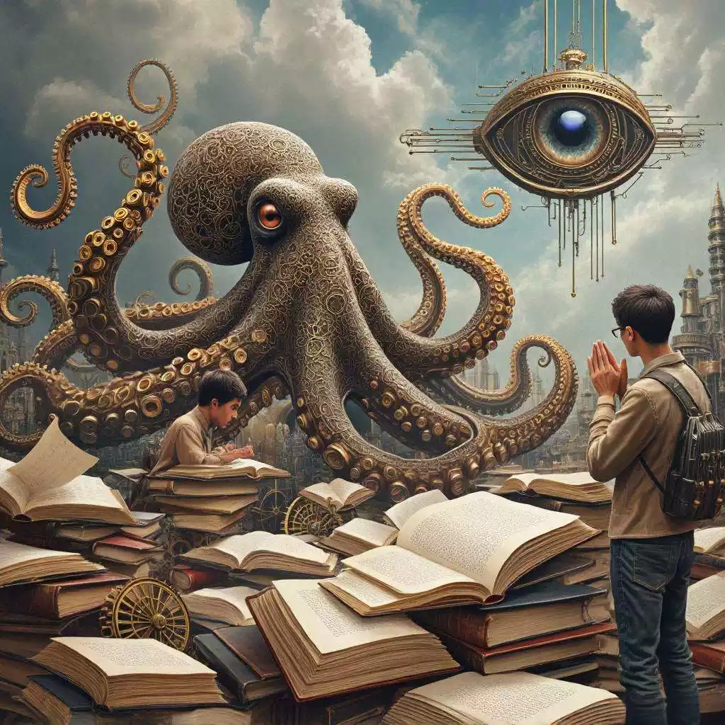 克苏鲁是美国恐怖小说家H.P.洛夫克拉夫特笔下的邪神，象征不可名状的系统性压迫，信徒因恐惧自发为其筑神殿。现代青年受焦虑驱使，将教育异化为自我献祭仪式，不见具体施暴者，作为受害者却主动维系压迫系统，与克苏鲁文化有相似之处。 图源：腾讯元宝AI画图